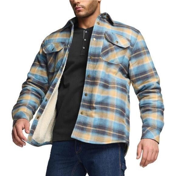 Men's Plaid Flannel Shirt Jacket, Long Sleeve Warm Sherpa/Quilted